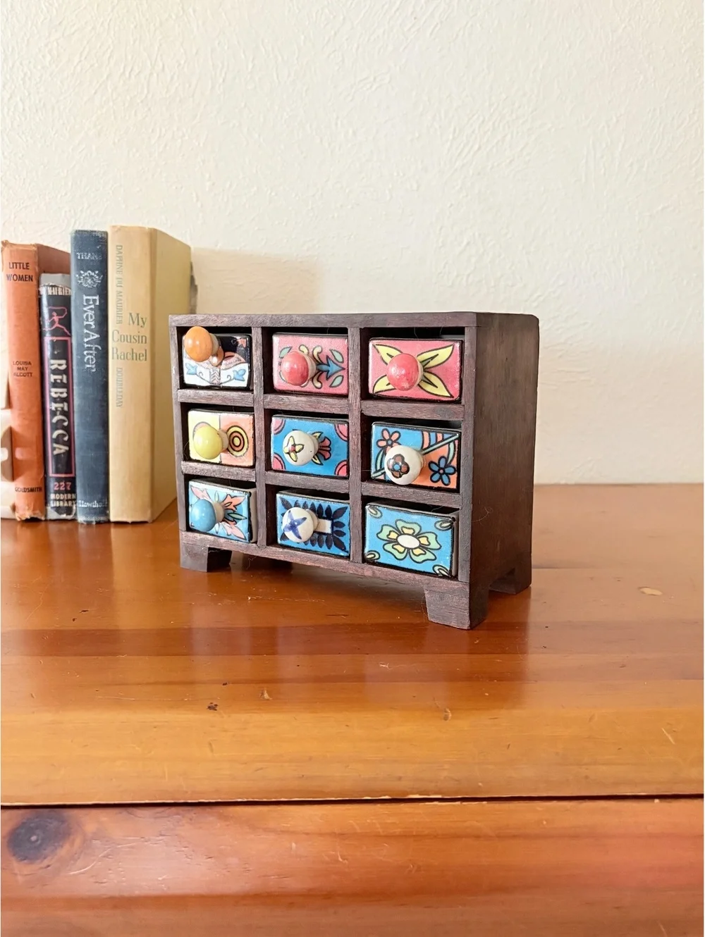 Wooden Apothecary Spice Cabinet 9 Drawer Colorful Hand-Painted Ceramic Knobs